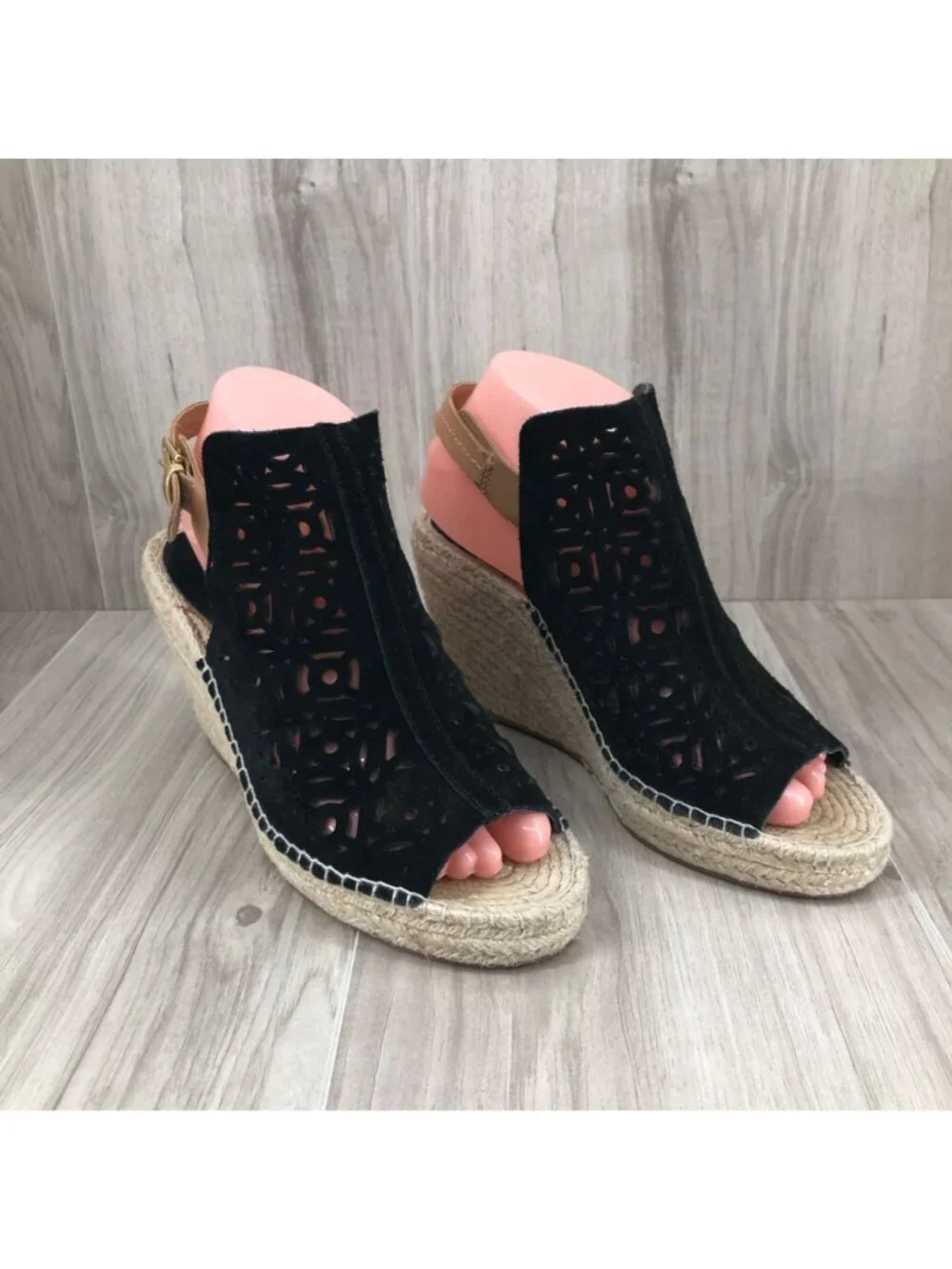 Seychelles Wedge Sandals Womens 8.5 Black Suede Buckle Stap Espadrille Shoes